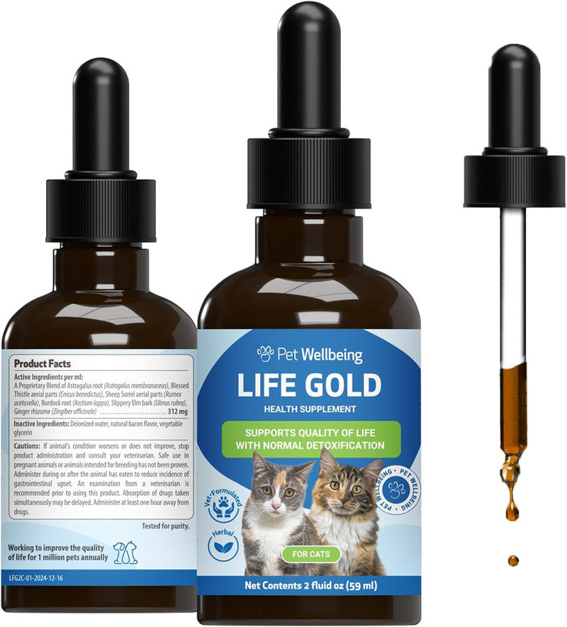 Pet Wellbeing Life Gold for Cats - Supports Detoxification & Healthy Immune Defenses with Burdock & Sheep Sorrel - NASC Certified & Vet-Formulated - 2 oz Liquid Formula