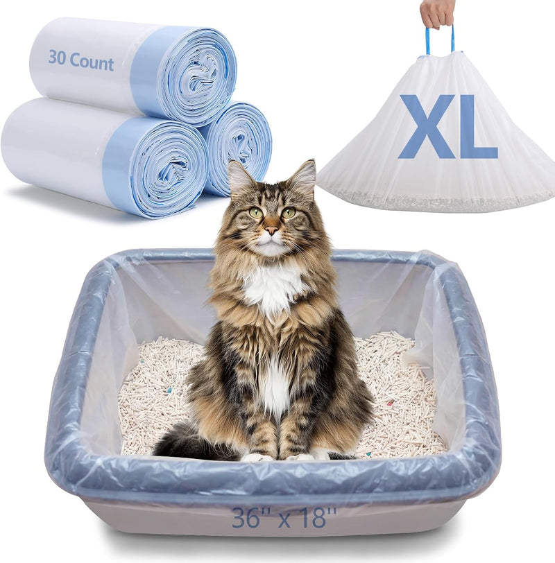 Cat Litter Box Liners, 30 Count, 36 x 19 In, 3 Mil, Drawstring