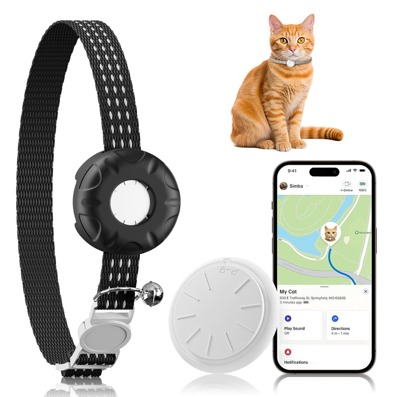 Cat Tracker, GPS Tracker Compatible with Apple Find My App(Only iOS), Waterproof Cat Tracker Collar with Bell and Safety Elastic Buckle, No Monthly Fee, Real-Time Location, Up to 1-Year Battery, Black