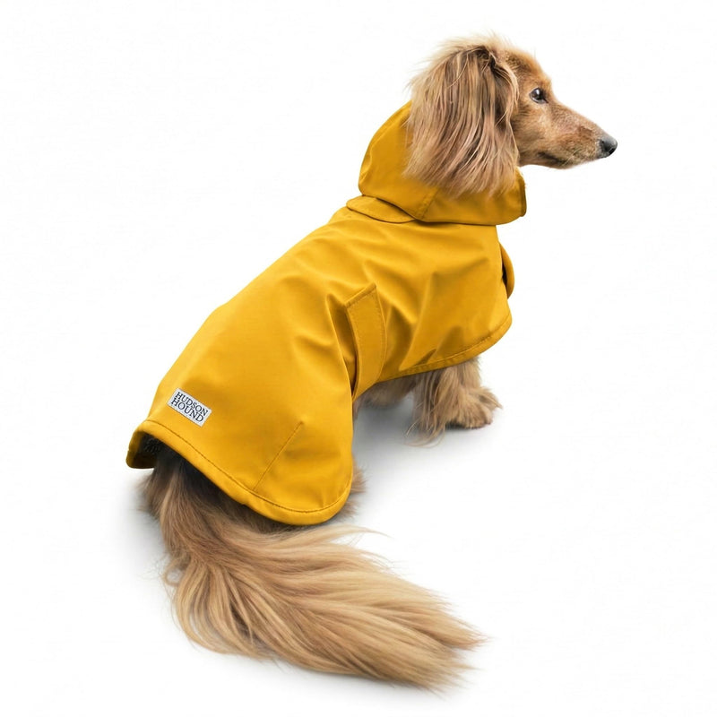 HUDSON HOUND Dachshund Raincoat - Waterproof & Windproof Dog Jacket for Long Weiner Dogs, Adjustable Fit, Harness Hole - Yellow, Small