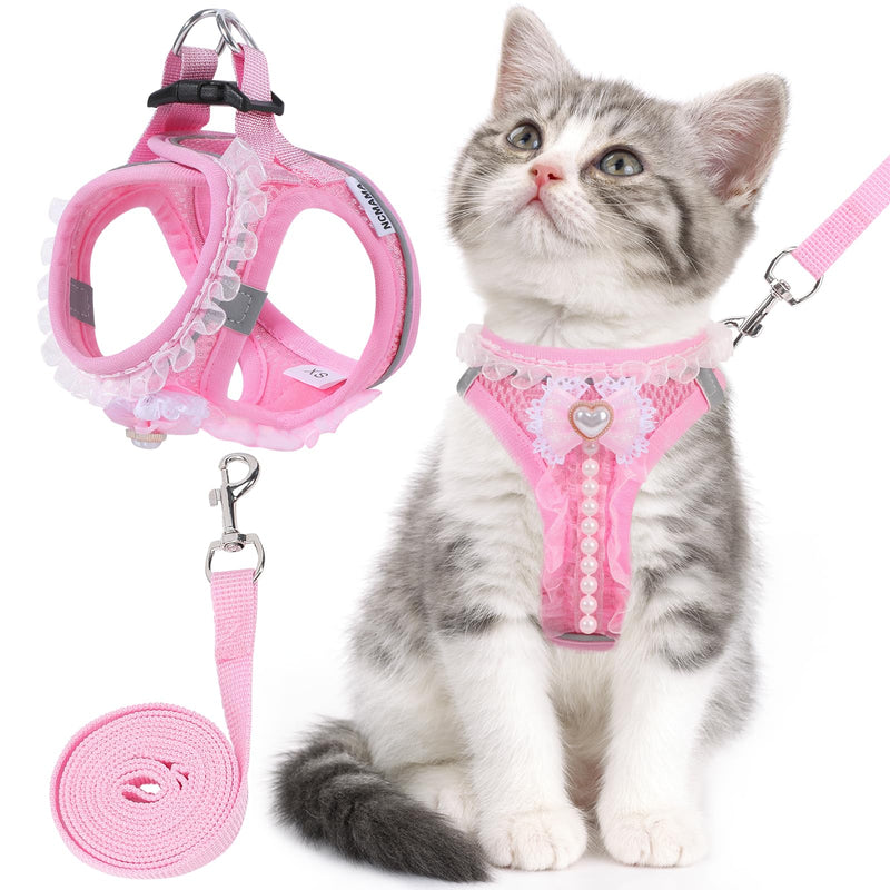 NCMAMA Cat Harness and Leash Set,Escape Proof Adjustable Kitten Harness with Cute Pink Bow,Breathable Reflective Strips Harness for Kitty Puppy Bunny for Walk Travel and Indoor Use (Pink XS)
