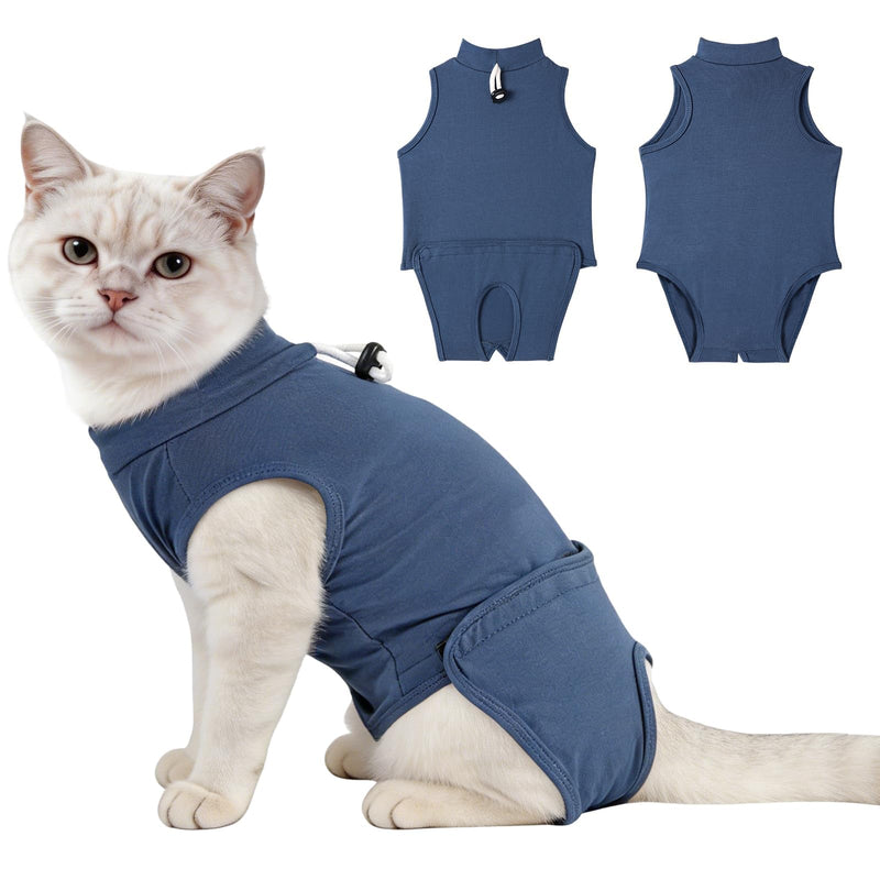 Gyuzh Cat Surgery Recovery Suit for Female Male Cats - Breathable Cone Alternative. Easy-Pull Recovery Suit with Adjustable Neck & Snap Closure for Spay Neutering, Anti-Licking Wound Care Blue L