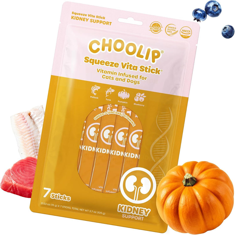 Choolip Squeeze Vita Stick Lickable Cat and Dog Treats, 7-Count Kidney Support, Tuna and Pollack with Pumpkin, Blueberry and Omega-3, Grain-Free, Vet-Formulated