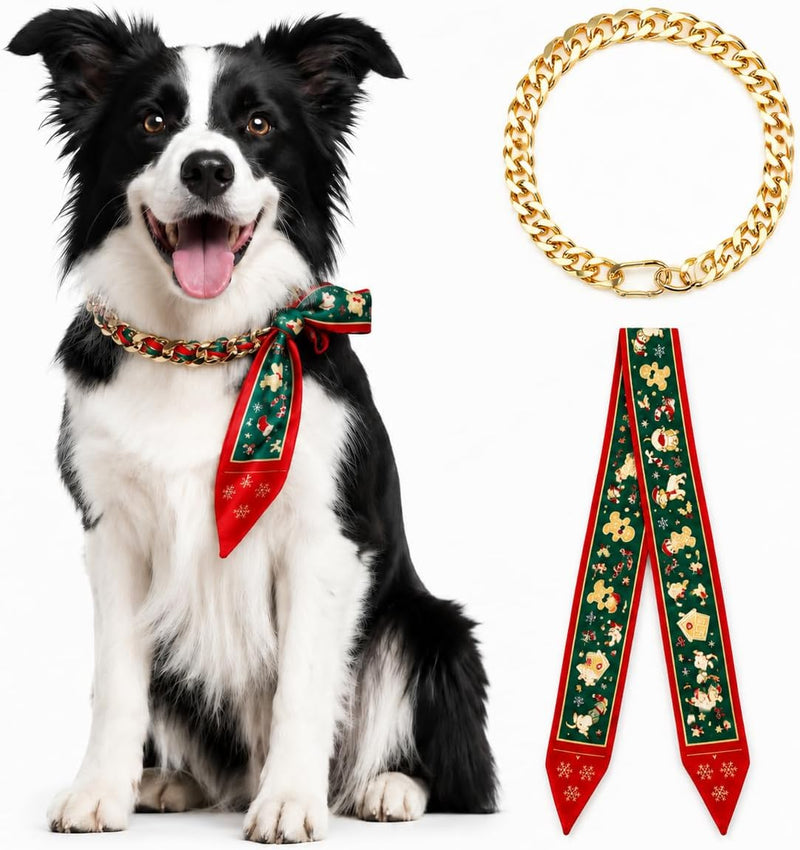 20 Inch Dog Gold Chain Collar with Christmas Ribbon Scarf