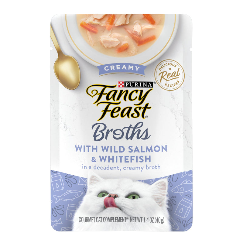 Purina Fancy Feast Creamy Broth With Wild Salmon and Whitefish, Gourmet Lickable Cat Food Topper, Pack of 16, 1.4 oz. Pouches