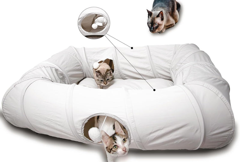 XxingSheep 4 Ways Shuttled XL Cat Tunnel Bed for Indoor Cats Peekaboo Cat Cave Donut with Cool Mat