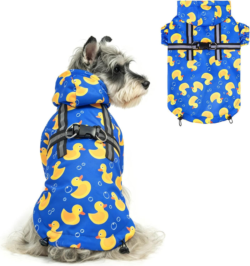 PUPTECK Dog Raincoat with Hood & Harness Built-in, Waterproof Dog Rain Jacket Slicker Poncho Reflective Vest Clothes for Rainy Snowy Winter Cold Days, Blue Duck S