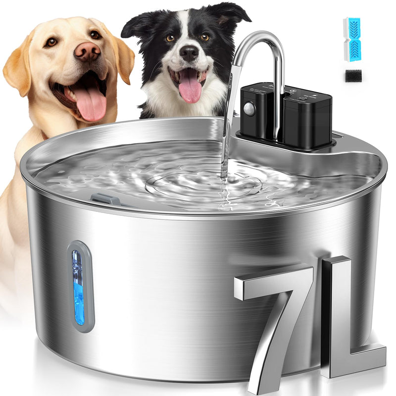 Voluas Dog Water Fountain: 1.8Gal/7L Wireless Stainless Steel Dog Fountain Bowl for Small to Large Dogs, Battery Operated Pet Water Dispenser Indoor with Ultra-Quiet Pump, Easy Clean, 1 Filter