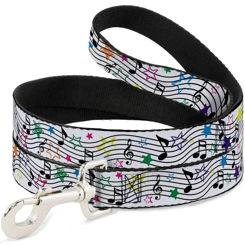Buckle-Down Pet Leash - Music Notes Stars White/Black/Multi Color - 4 Feet Long - 1