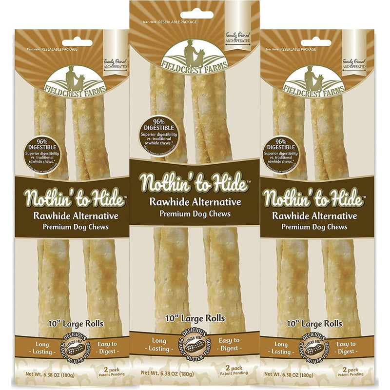 Fieldcrest Farms Nothing to Hide Natural Rawhide Alternative Large 10'' Rolls for Dogs - 3 Pack (6 Chews) Premium Grade Easily Digestible Chews - Great for Dental Health (Peanut Butter)