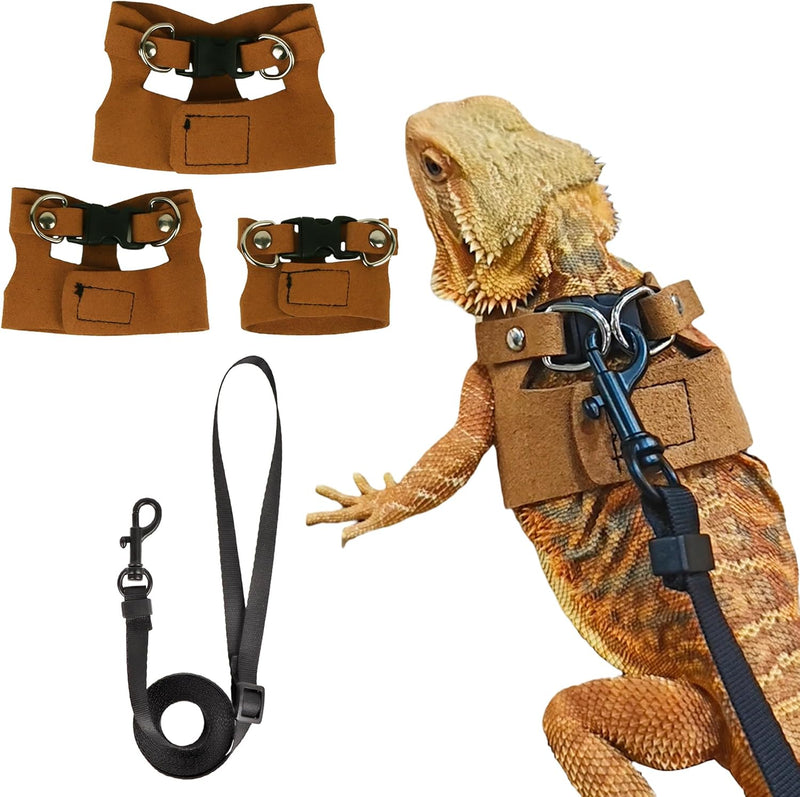 ADOGGYGO Bearded Dragon Harness Leash Set, 3 Size Lizard Harness, Brown