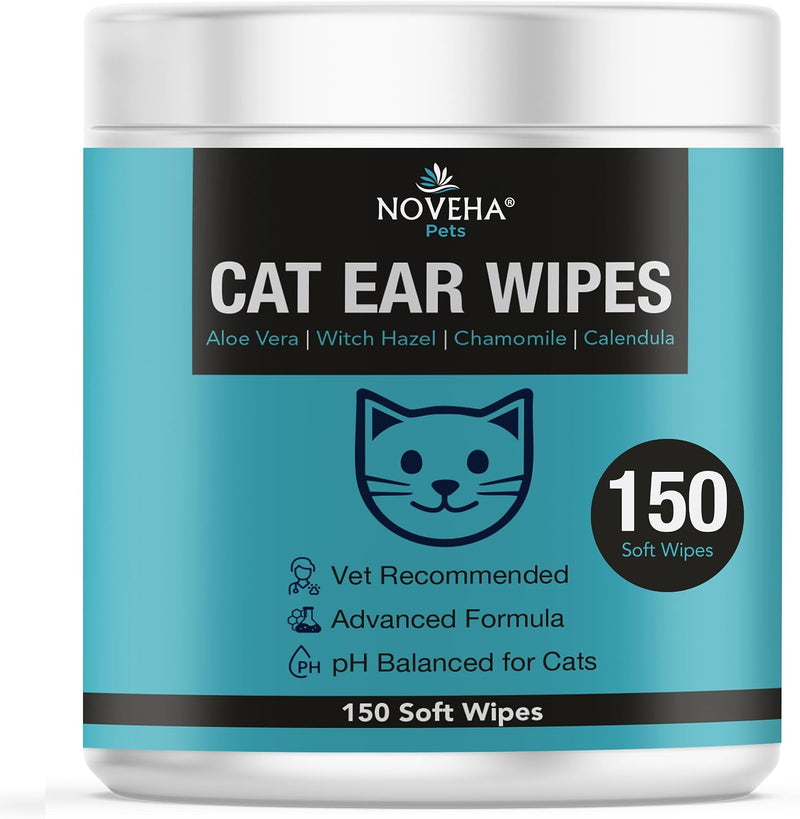 NOVEHA 150 PCs Cat Ear Wipes that Gently Clean & Soothe Sensitive Cat Ears; Soft Ear Cleaner for Removing Wax, Dirt & Od