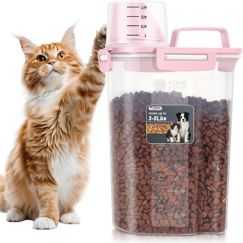 ODOMU Dog Cat Food Storage Container, Pet Food Container Airtight with Large Spout & Cup, BPA-Free Plastic Food Dispenser for Pet Food, Bird Seed, Rice, Flour - Pink 2.5-5lb (1 pack)