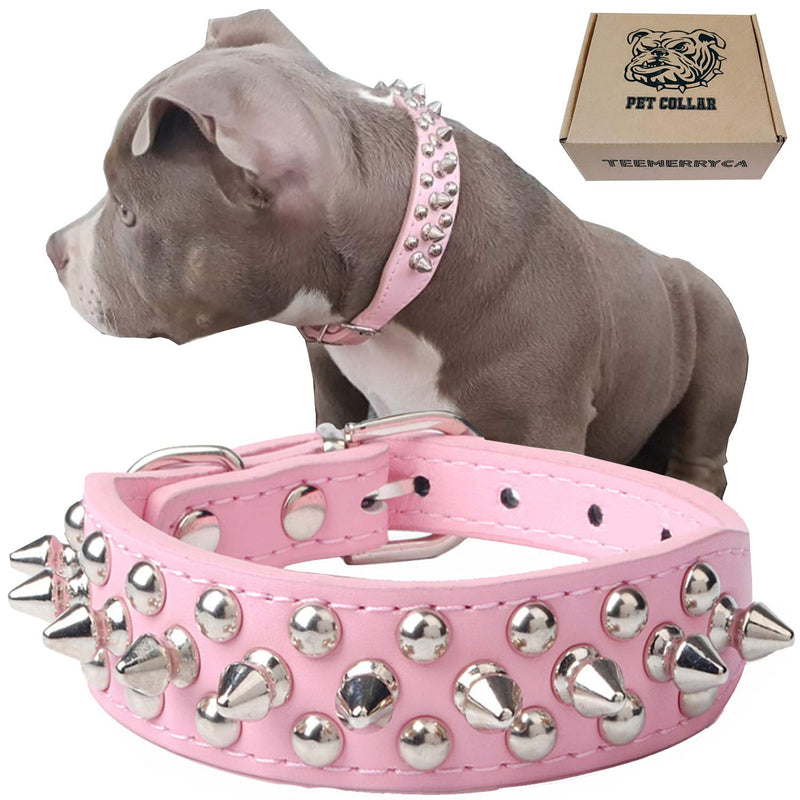 TEEMERRYCA Adjustable Leather Spiked Studded Dog Collars with a Squeak Ball Gift for Small Medium Large Pets Like Cats/Pit Bull/Bulldog/Pugs/Husky, Pink, L(15