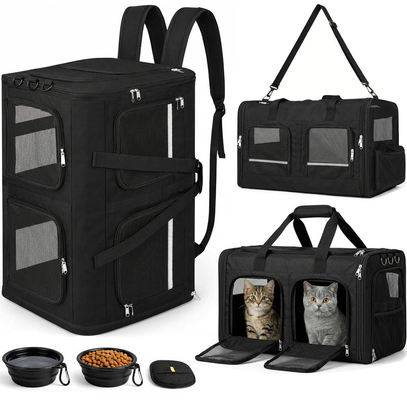 Extra Large 3-in-1 Cat Carrier for 2 Cats, with Removable Divider, Superior Ventilation, Portable Soft Sided Double Cat Carrier Large, Hair Removal Glove, 2*Bowl, Extra Side Storage Bag Included