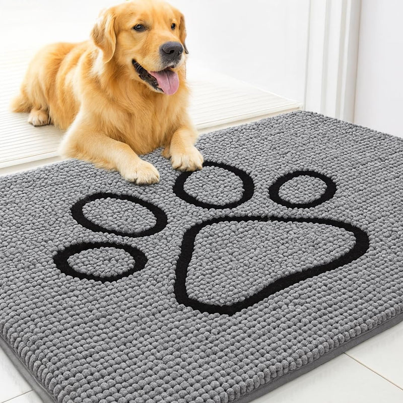 MUDGUARD MAT™ Dog Door Mat with Paw Design for Muddy Paws, Super Absorbent Microfiber, Non-Slip Indoor Mat, Quick-Dry Chenille Rug for Pets & Entryway, Machine Washable, Grey 19