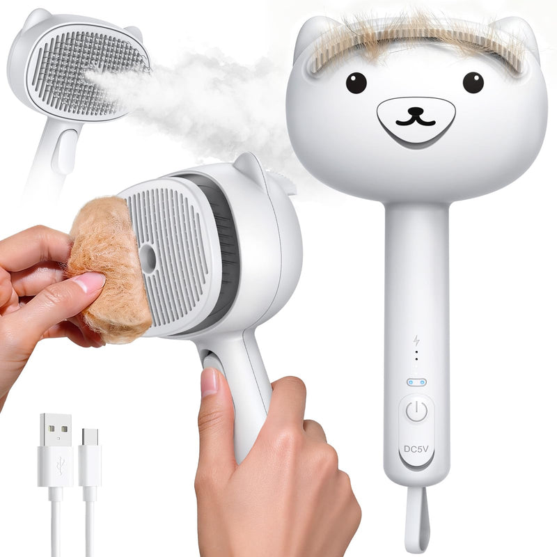 Self Cleaning Shedding Steam Cat Brush, Silicone Scraper Included Dog Brush, primecat, Cat Brushes for Shedding, USB Rechargeable, for Grooming & Haired Pets, Dogs & Cats, White