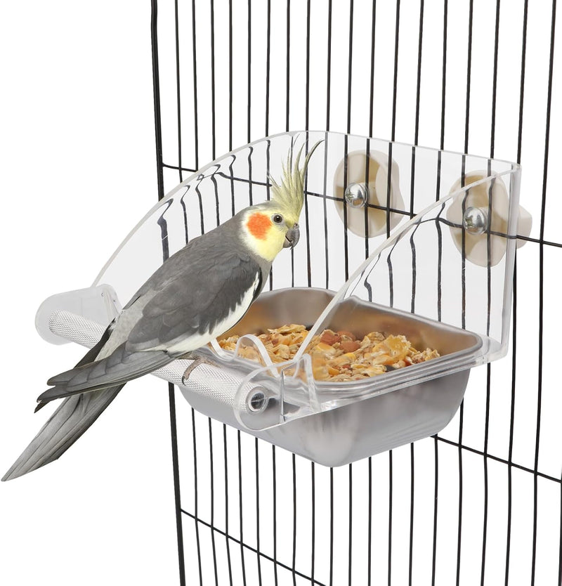 Hypeety Transparent Bird Feeder No Mess Parakeet Feeder for Cage Clear Bird Cage Feeders with Anti-Slip Perch Stainless Steel Food Bowl for Parakeets Parrots Budgies Lovebirds Cockatiels Conures
