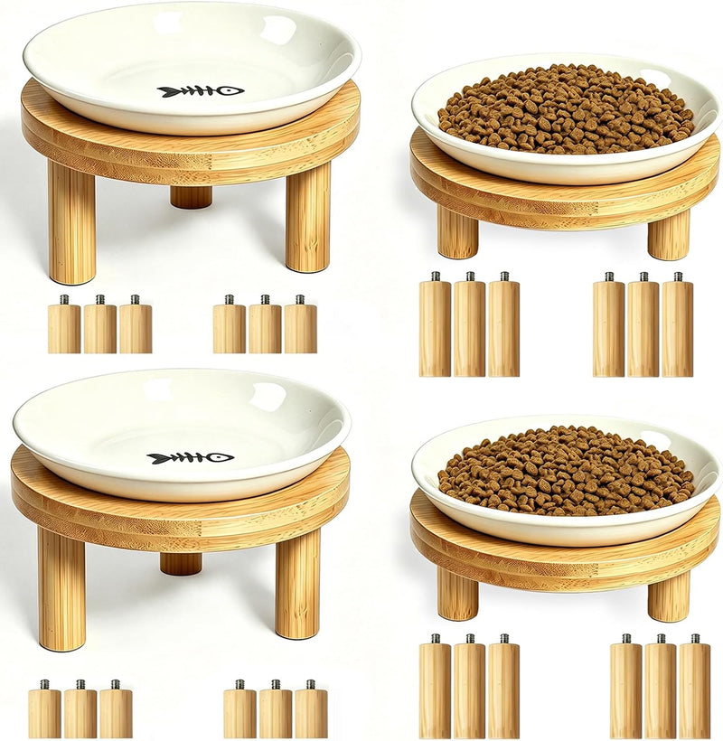 Elevated Cat Bowls Bamboo Stand, Ceramic Feeding Station for Indoor Cats