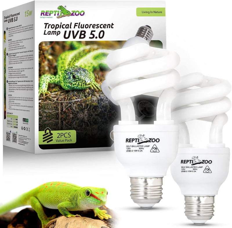 REPTI ZOO UVB Light for Tropical Reptile, 2 Pack 5.0 15W UVA UVB Reptile Light Bulb, UVB Lamp for Crested Gecko Leopard