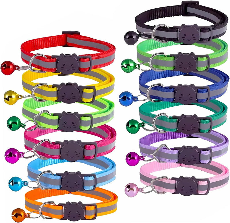 12-Pack Reflective Cat Collar Breakaway with Safety Elastic Band - Adjustable 7.5-12.5 Inch Lightweight Collar with Bell