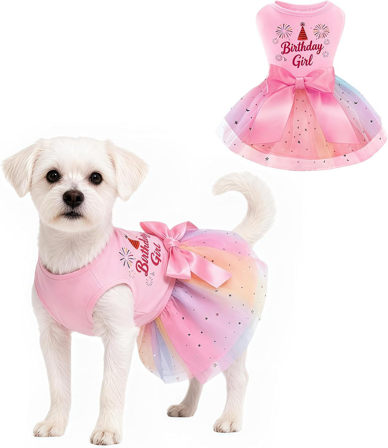 Rainbow Dog Birthday Outfit for Small Dogs Girl Sparkly Dog Birthday Dress Tulle with Big Bowknot Puppy Clothes Pink Fir