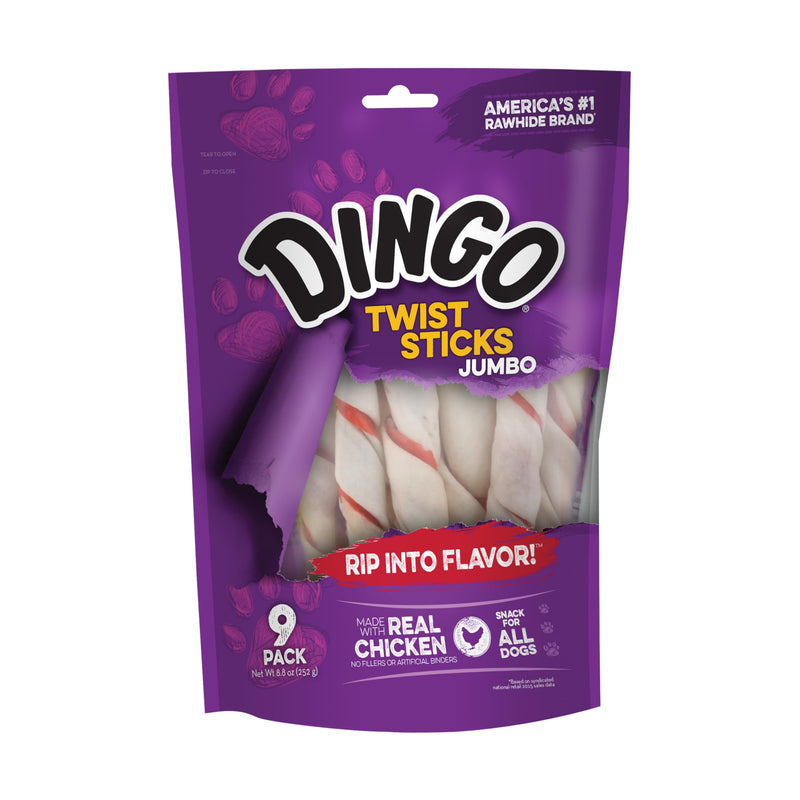 Dingo Jumbo Twist Sticks, Rawhide for Dogs, Made with Real Chicken, 9 Count