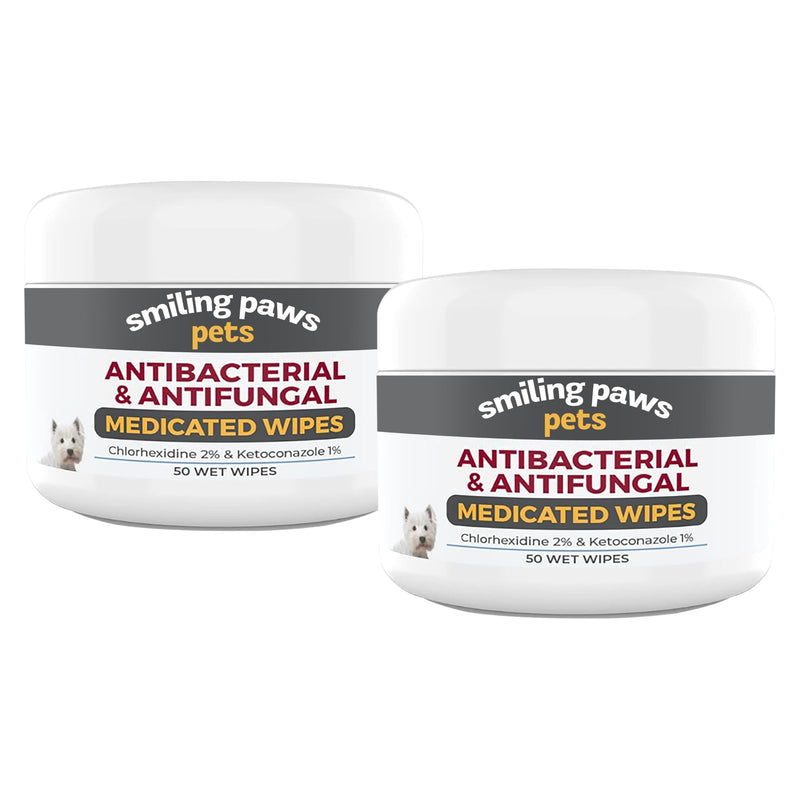 Smiling Paws Pets - Antibacterial & Antifungal Wipe for Dogs & Cats - Contains Ketoconazole & Chlorhexidine - Skin Treatment for Yeast Infection, Ringworm, Pyoderma, Bacteria & Fungus - 50ct (2 Pack)