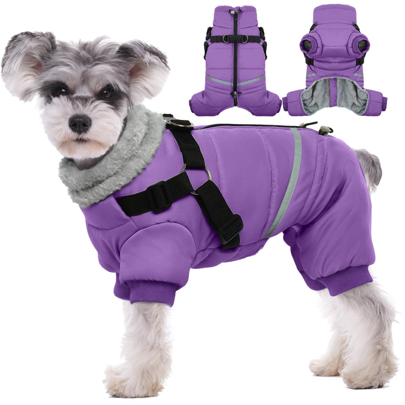 BRKURLEG Purple Dog Coat with Harness, Dog Winter Jacket, Dogs Onesie Body Warm Jackets, Small Dogs Winter Coats Reflective Windproof Warm Cold Weather Coats, Pet Waterproof Jackets, M