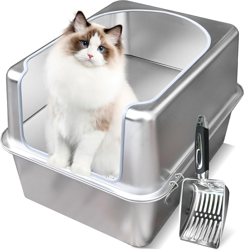 Stainless Steel Litter Box with Metal Lid and Scoop - Enclosed Metal Litter Box for Large Cats, Rust-Resistant, Odor-Con