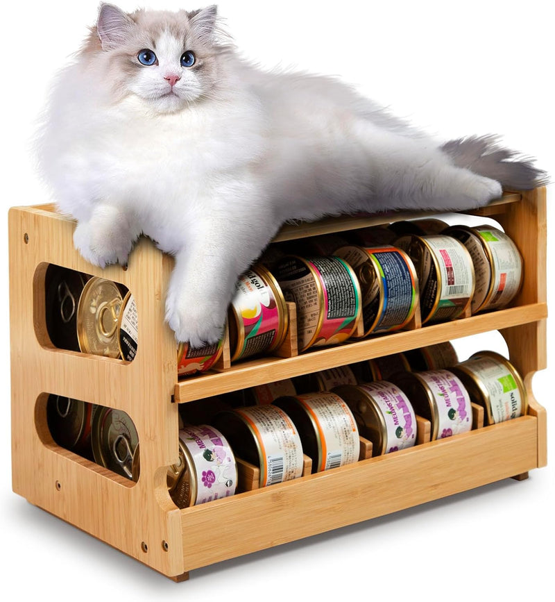 Coanto Cat Food Can Organizer, Bamboo 2-Tier FIFO Can Dispenser