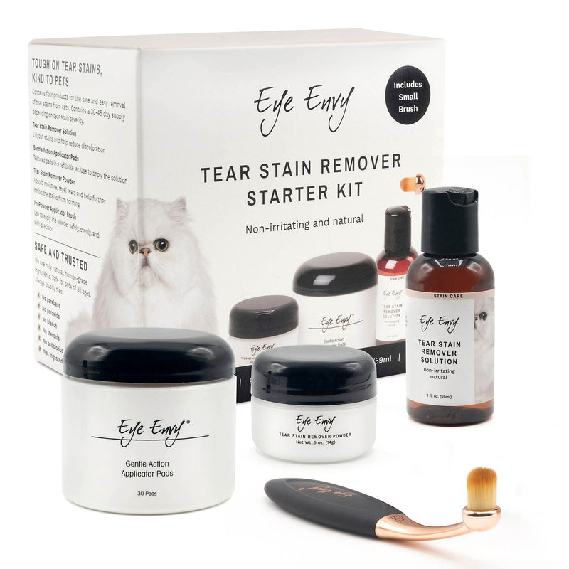 Eye Envy Cat Tear Stain Remover Starter Kit with ProPowder Brush. Stain Solution, Applicator Pads, Stain Powder, and Small Applicator Brush. Tear Stain Cleaning Kit. Lasts 30-45 Days. Made in USA.