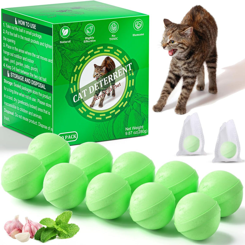 Cat Deterrent Outdoor, Natural Peppermint Oil Cat Repellent Outdoor, 10 Pack Cat Deterrent Balls Outdoor Indoor to Keep