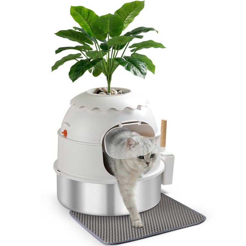MuseMira Hidden Litter Box, Stainless Steel Litter Box with Faux Plant Decor, Litter Box Enclosure with Clear Front Door, Includes Scoop & Litter Mat, Odor Control, Easy to Clean (White)