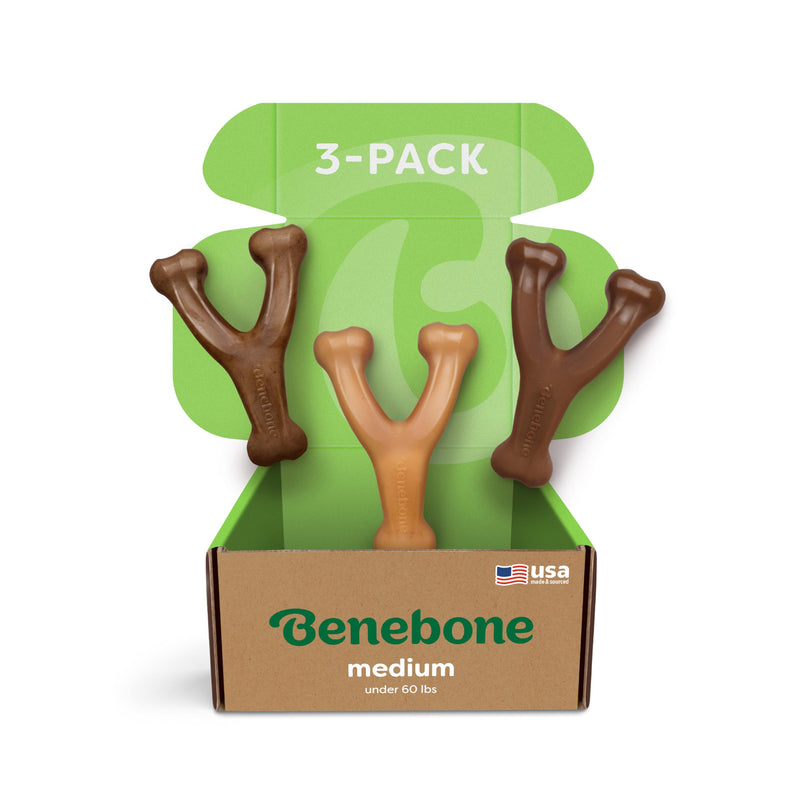 Medium 3-Pack, Benebone Wishbone Durable Dog Chew Toy for Aggressive Chewers, Real Bacon, Chicken, Peanut Butter, Made in USA, Variety Pack