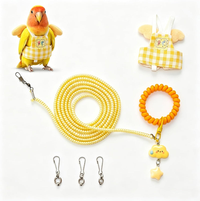 Dual-Use Bird Harness & Bungee Leash Set w/Wings, 3 Rings, Yellow, Size L