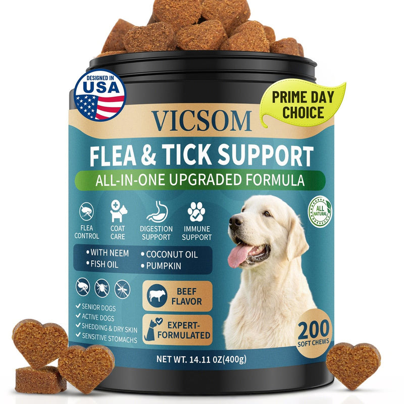 Flea and Tick Prevention for Dogs Chewable, 200 Soft Treats Natural Oral Dog Flea and Tick Treatment Chews Support Dog Skin & Digestive Supplement for Dogs Puppies All Breeds & Ages, Beef Flavor