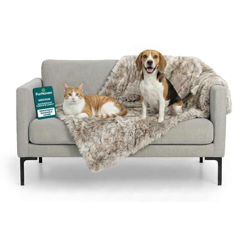 FurHaven Waterproof Throw Blanket for Dogs & Indoor Cats, Reversible Protective Pet Blanket, Medium, Long Faux Fur & Velvet, Driftwood