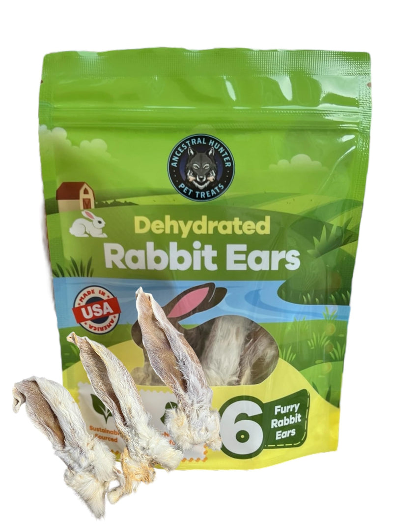Ancestral Hunter Dehydrated Rabbit Ears for Dogs & Cats - - USA Sourced Whole Ears with Fur for Dogs - Rawhide Alternative - 100% Single Ingredient Crunchy Furry Rabbit Ears (6 Count)