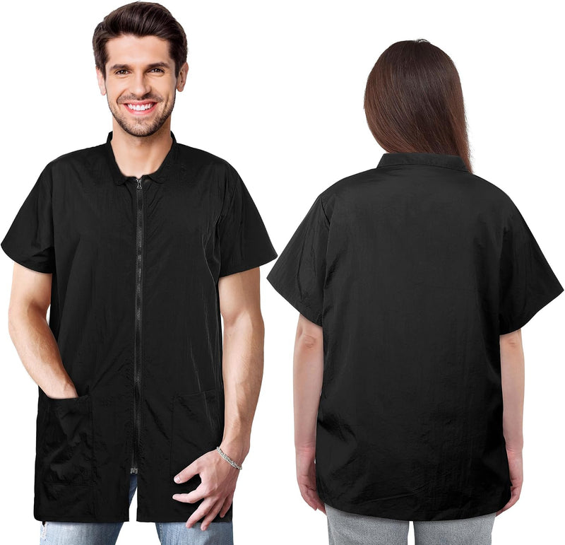 MCEAST 2 Pack Black Pet Groomer Uniforms with Full Zipper Water Resistant and Anti-Static Pet Smock Clothes for Women Me
