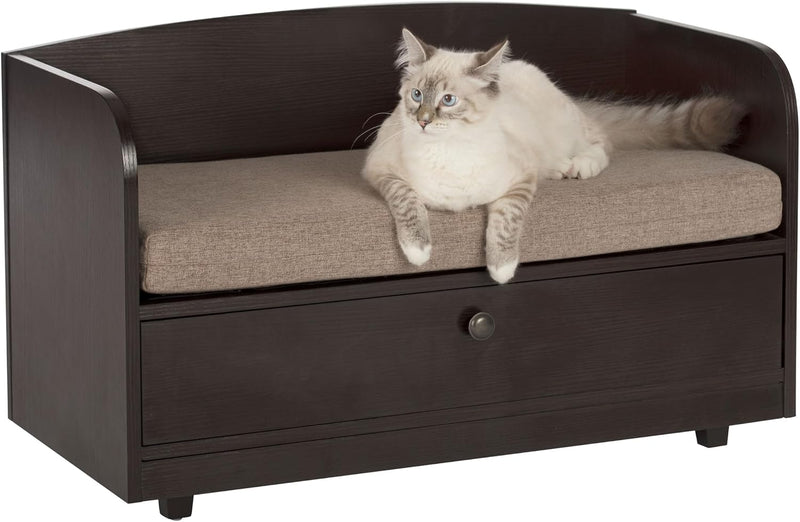 Paws & Purrs Cat Sofa Bed with Storage Drawer, Espresso Finish, 31.5″ x 15.75″ x 19.25″ | 3″ Foam Cushion with Washable