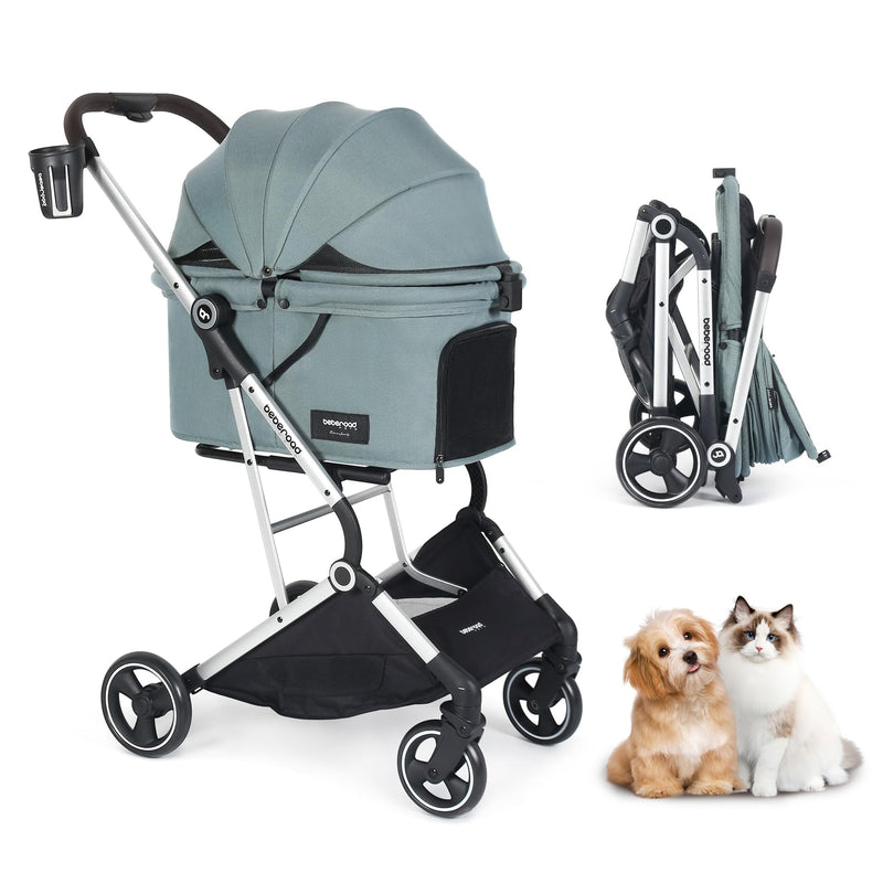 Beberoad Pets Pet Stroller Dog Cat Stroller for Small Medium Dogs Cats, 4 Wheels Travel Folding Carrier Waterproof Puppy Stroller with Pad, Canopy and Cup Holder, Green