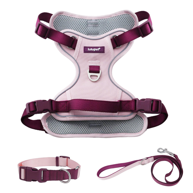 3 in 1 No Pull Dog Harness Leash and Collar Set, Soft and Cute Adjustable Dogs Vest Reflective and Comfortable Handle Pink