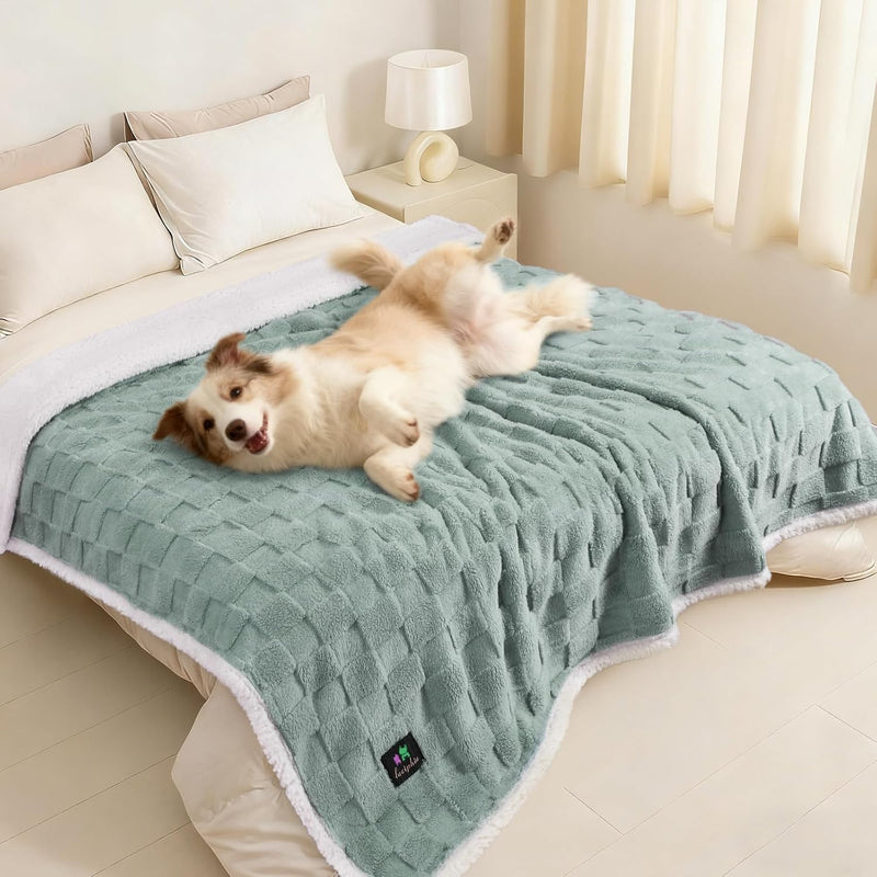 Luciphia Waterproof Dog Blanket, Leakproof Large Pet Blanket for Couch Sofa Bed Furniture Cover Protector, Washable Soft Sherpa Fleece with 3D Jacquard, Cozy Calming Reversible,Sage Green, 85