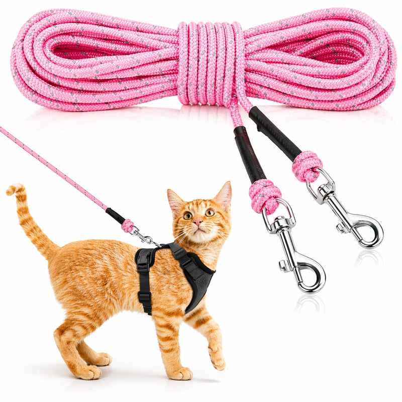 Rypet Reflective Cat Long Leash 15 FT Escape Proof Walking Leads Yard Long Leashes Durable Safe Personalized Extender Leash Traning Play Outdoor for Kitten, Puppy, Rabbit and Small Animals(Pink-S)