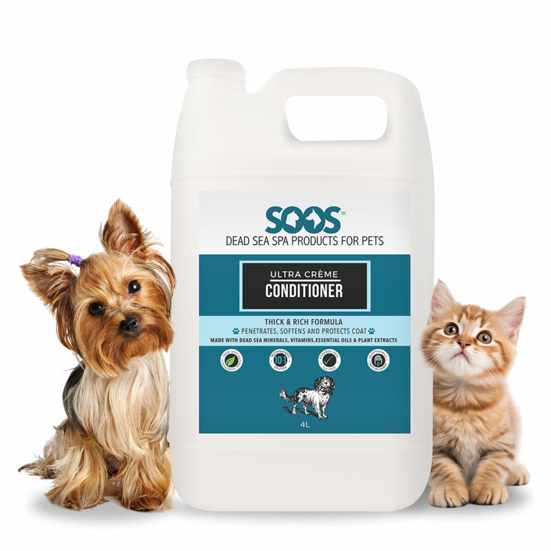 Soos Pet Conditioner Ultra Crème Natural Dead Sea Minerals Smoothness Polish Deeply Absorbing with Vitamins Essential Oils Natural Ingredients for Dogs and Cats - 1 Pack (4L)