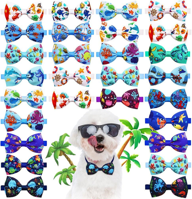 20pcs Ocean-Themed Dog Bow Ties for Small Medium Dogs Adjustable Sea Pattern Dog Bowtie Necktie for Pet Grooming