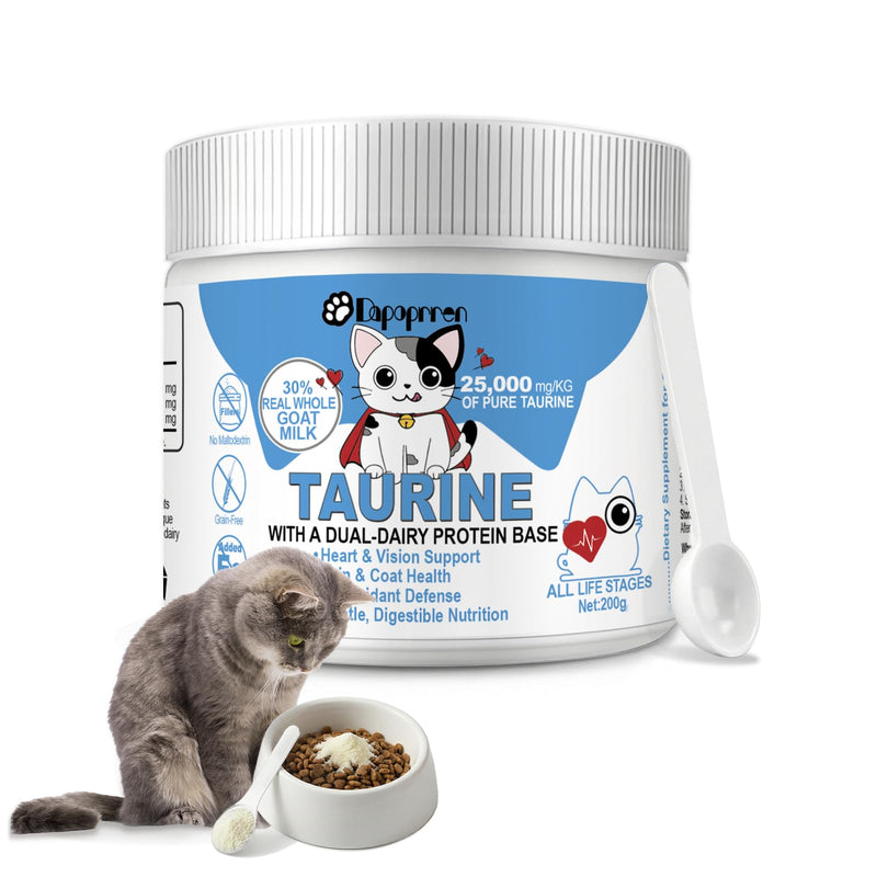 Dapoprren Taurine for Cats with 30% Whole Goat Milk, 0% Maltodextrin Iron-Free Cat Taurine Supplement for Cardiac & Vision Support, Hydrolyzed Protein Amino Acid Powder for Picky Felines - 200g