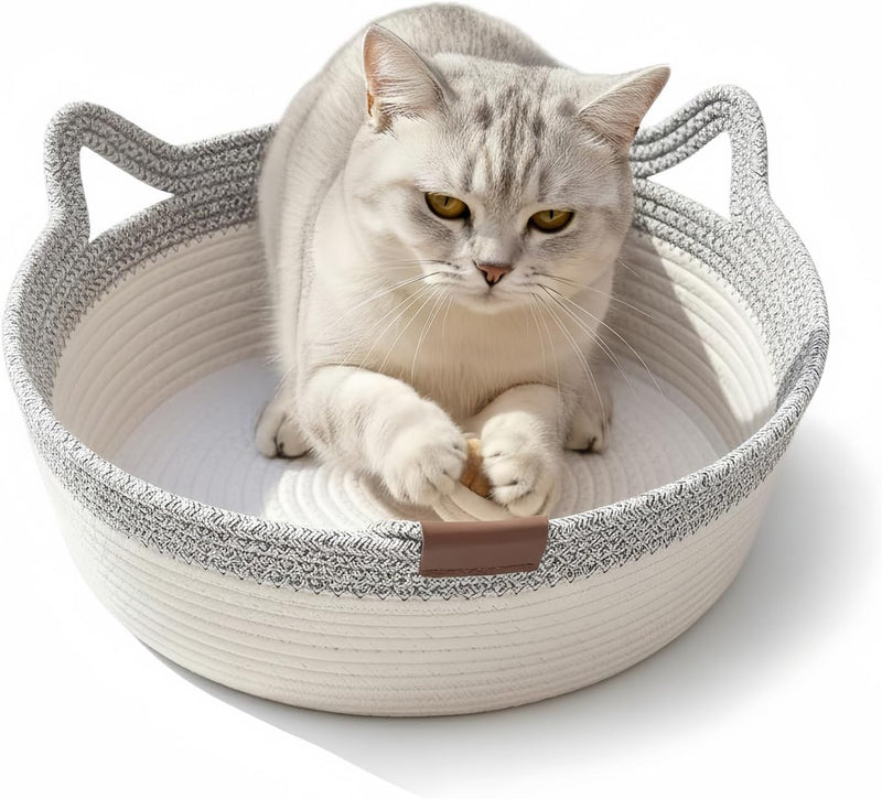 Instinct Basket for Cats - Handwoven Cotton Rope Enrichment Bed with Attached Toy Tail, Scratchable Interactive Pet Nest Features Flexible Walls to Fight Boredom & Protect Furniture (Gray, L)