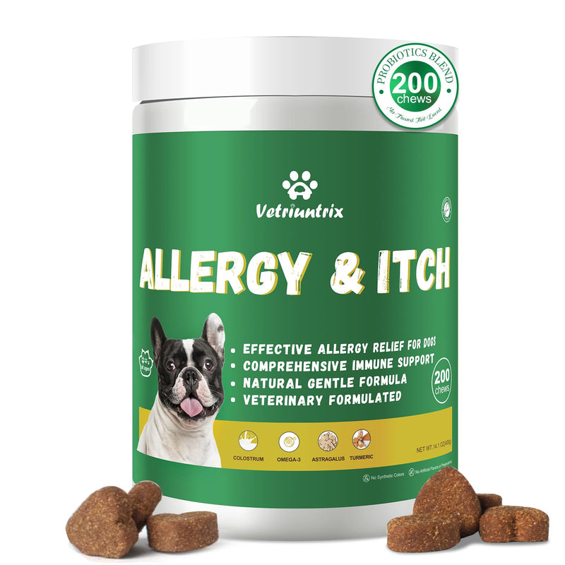 Vetriuntrix Dog Allergy Chews 200ct, Dog Allergy Relief Chews Coat Supplement for Itchy Skin Paw Licking, Probiotics for Large Dogs with Colostrum Omega-3 Turmeric Immune Supplement